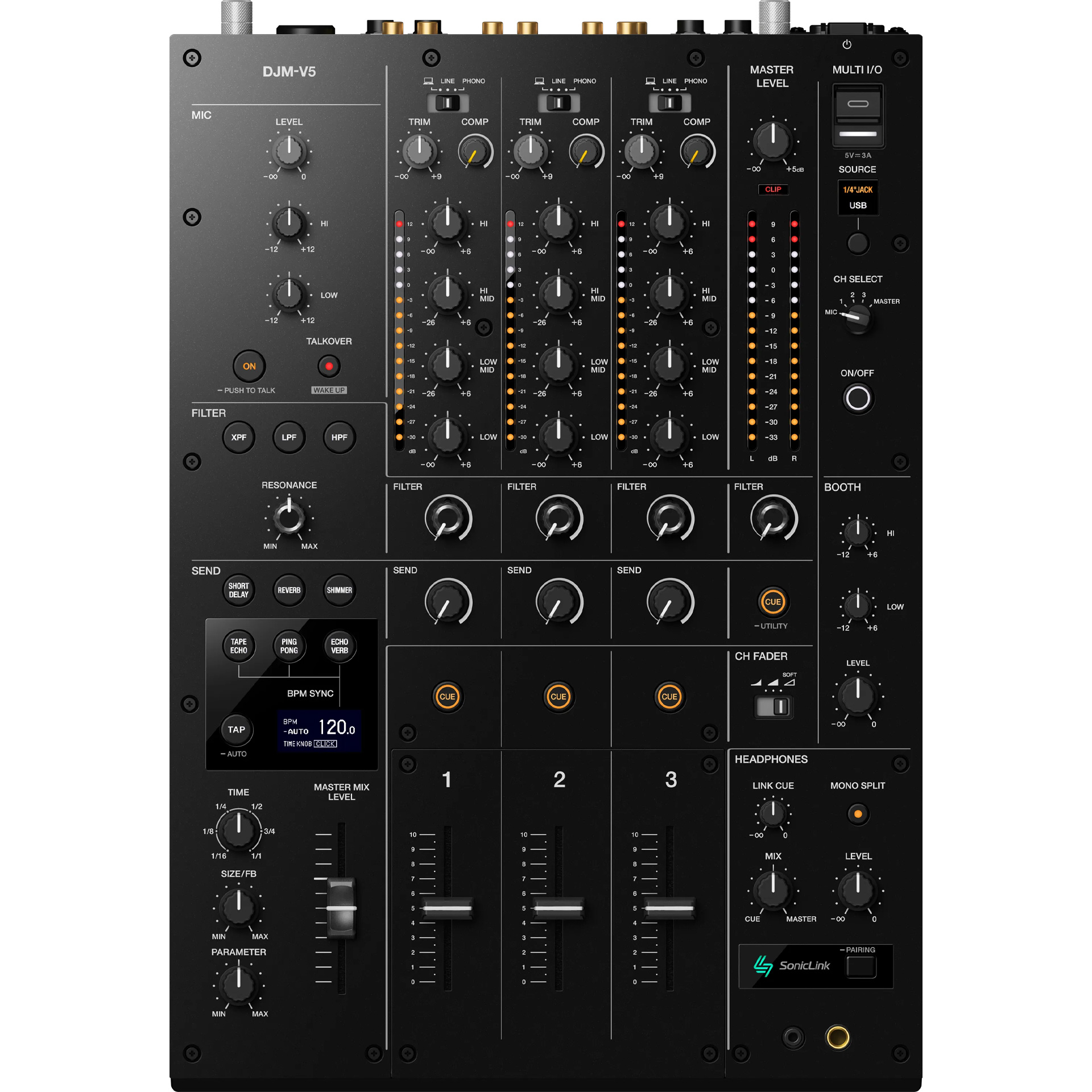 AlphaTheta DJM-V5 | DJM‑V10の音と操作感を約30％小型化、SonicLink