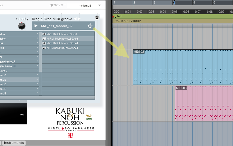 DAWソフトへのドラッグアンドドロップによるMIDIパターン貼り付け