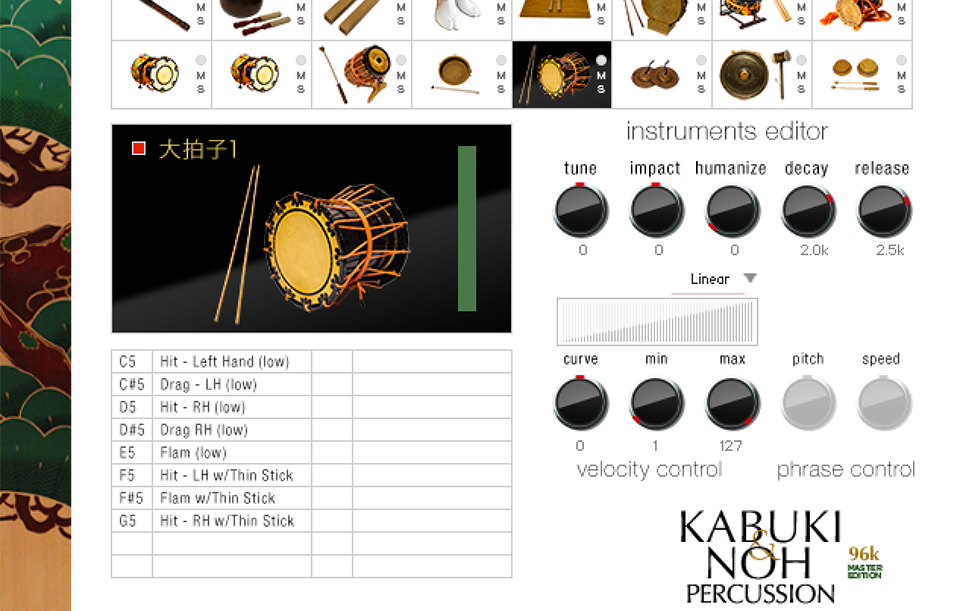 KABUKI & NOH PERCUSSION 96k MASTER EDITION のインストエディター画面